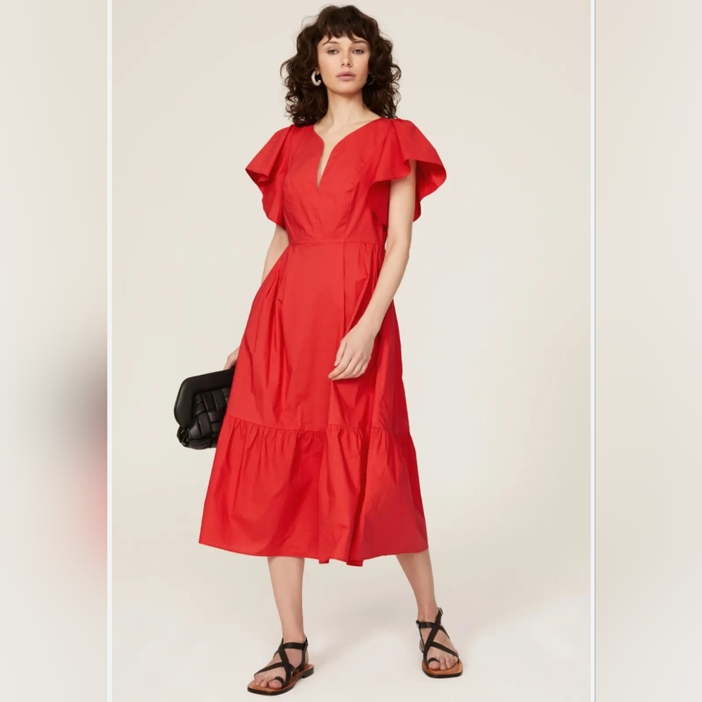 Marissa Webb Collective Coral Red V-Neck Flutter Sleeve Midi Dress Cotton Sz 10